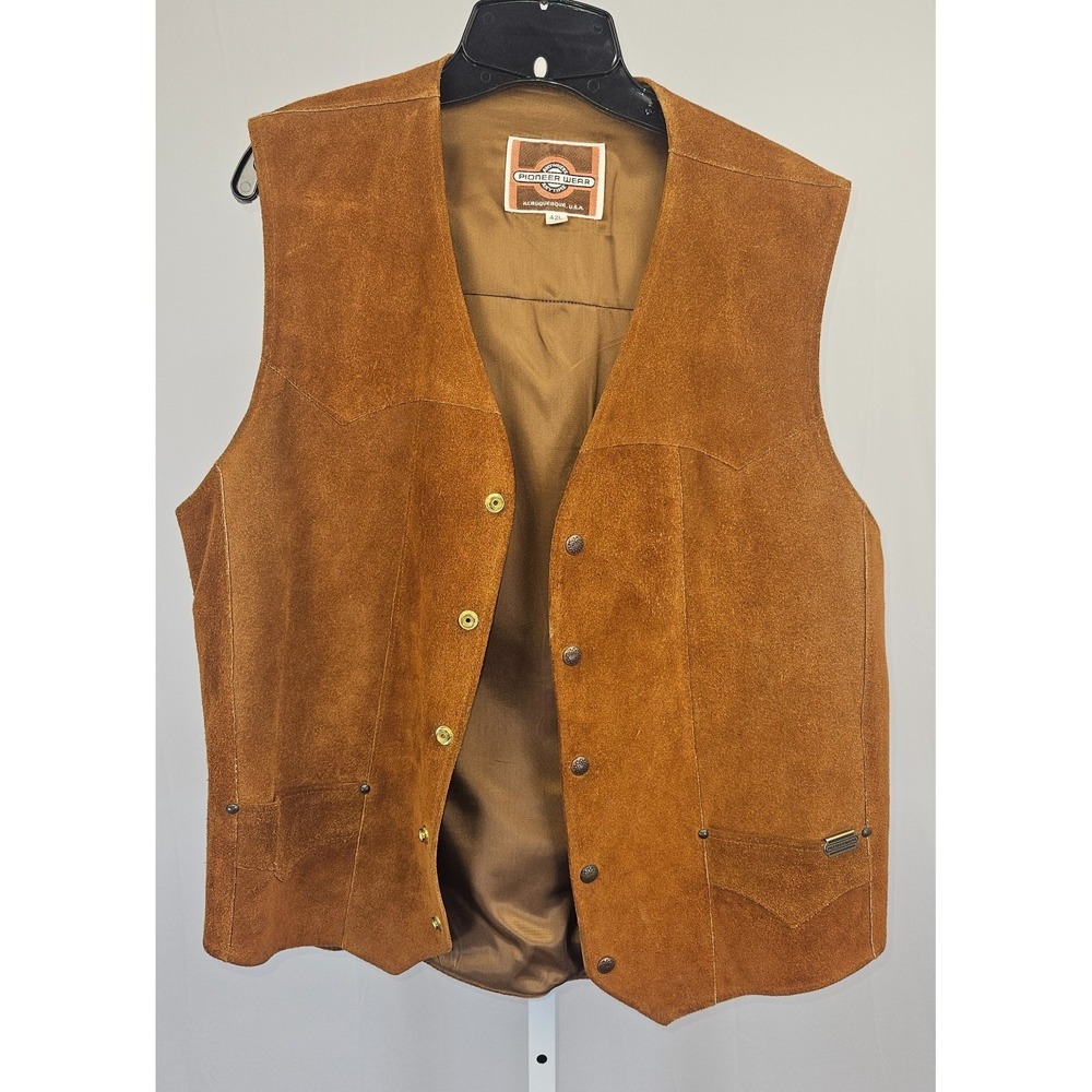 Vintage Pioneer Wear Suede Leather Western Vest Concho Snap Mens 42L USA Cognac
